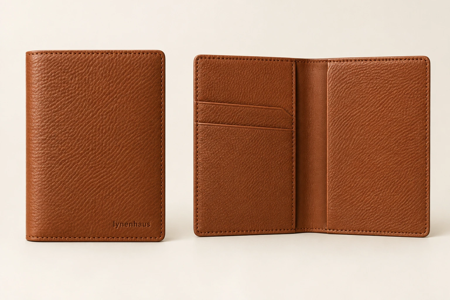 Transit Passport Cover in Cognac, closed and open views