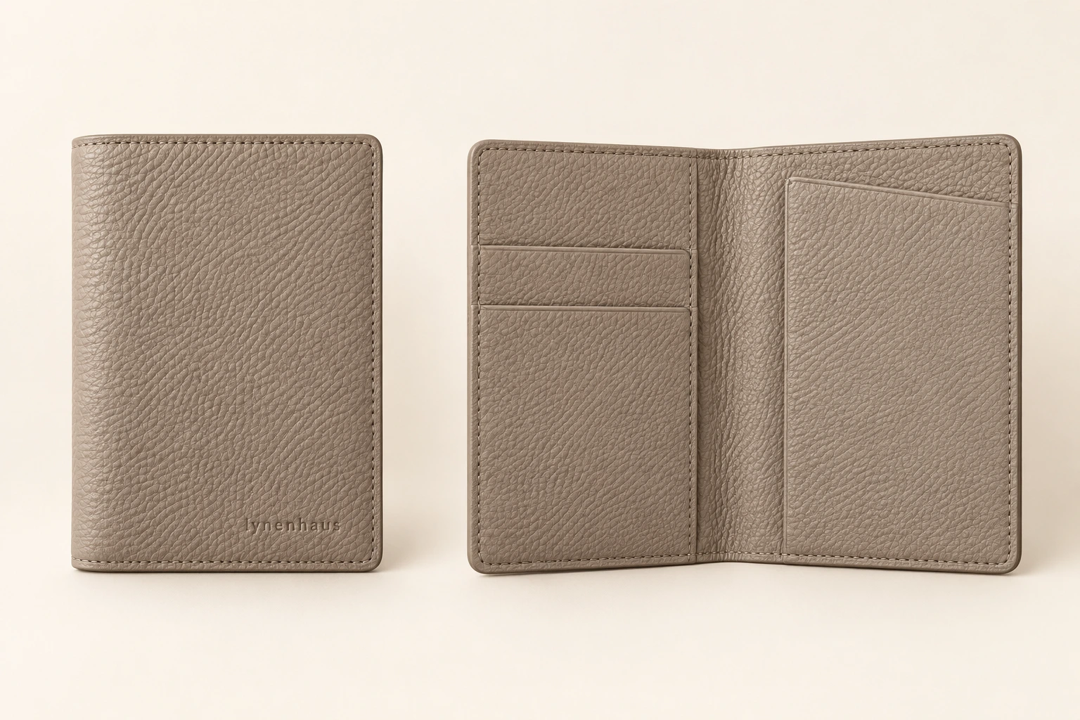 Atlas Passport Cover in Stone, closed and open views