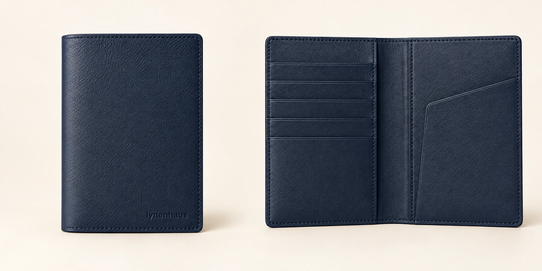 Executive Travel Folio in Navy, closed and open views