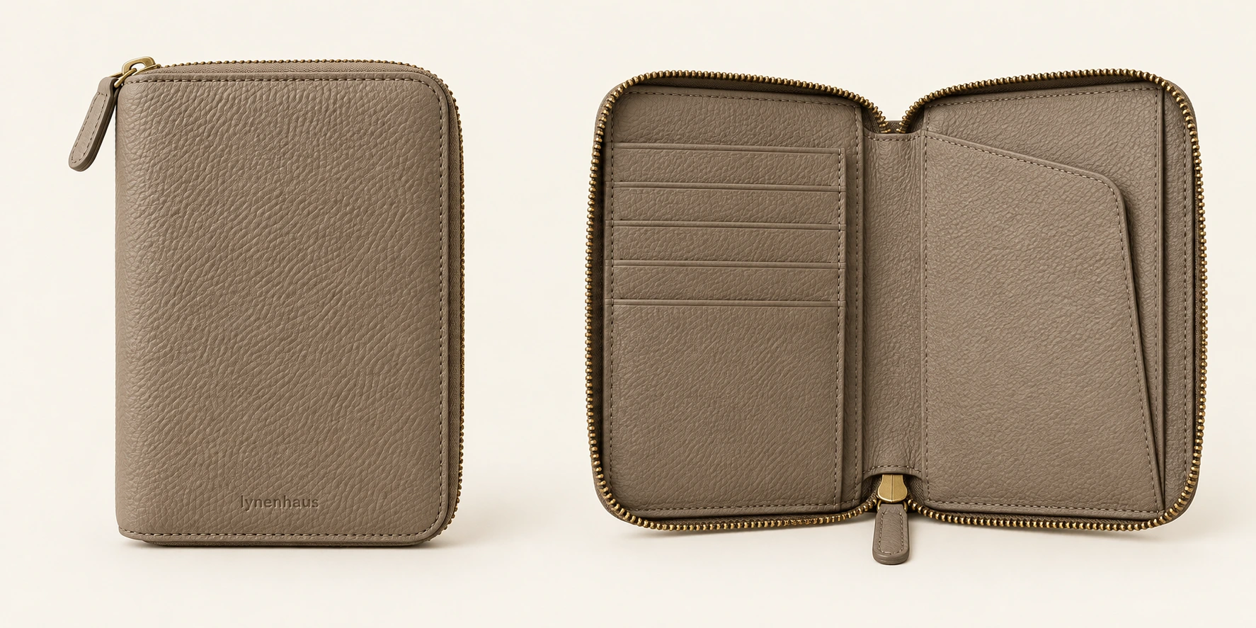 Route Zip Organizer in Taupe, closed and open views